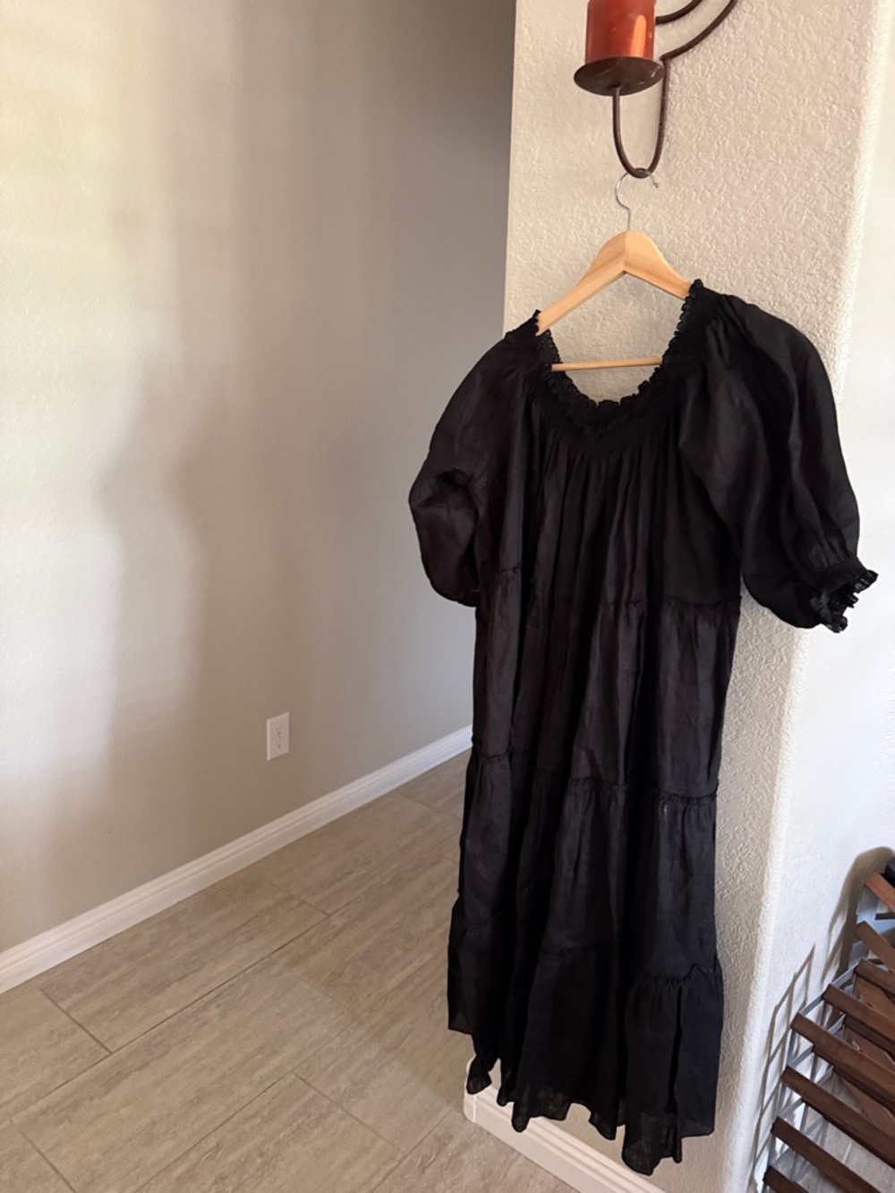 Black Midi Peasant Dress - Elegant Puff Sleeve Midi Dress